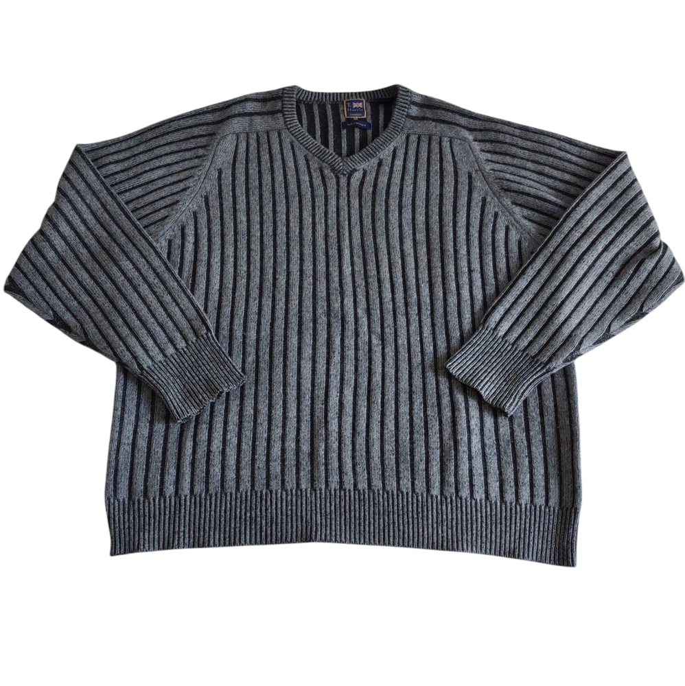 T. Harris Large Ribbed Blue 100% Pure Cashmere V-Neck Sweater *FLAWED*